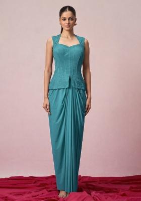 Coastal Blue Crepe Embellished Handwork Fusion Set
