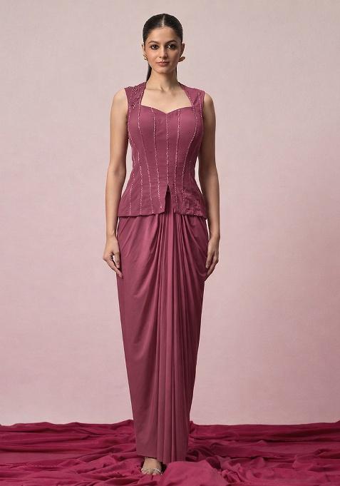Mauve Brown Crepe Embellished Handwork Fusion Set