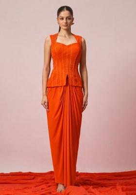 Orange Crepe Embellished Handwork Fusion Set