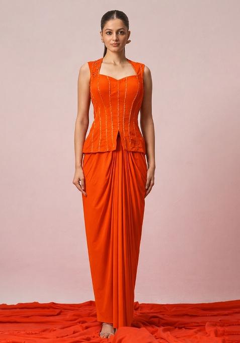 Orange Crepe Embellished Handwork Fusion Set