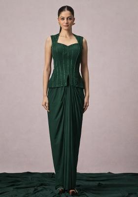 Dark Green Crepe Embellished Handwork Fusion Set
