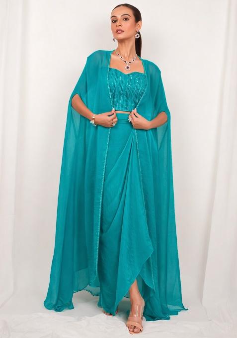 Columbia Blue Silk Embellished Handwork Fusion Set
