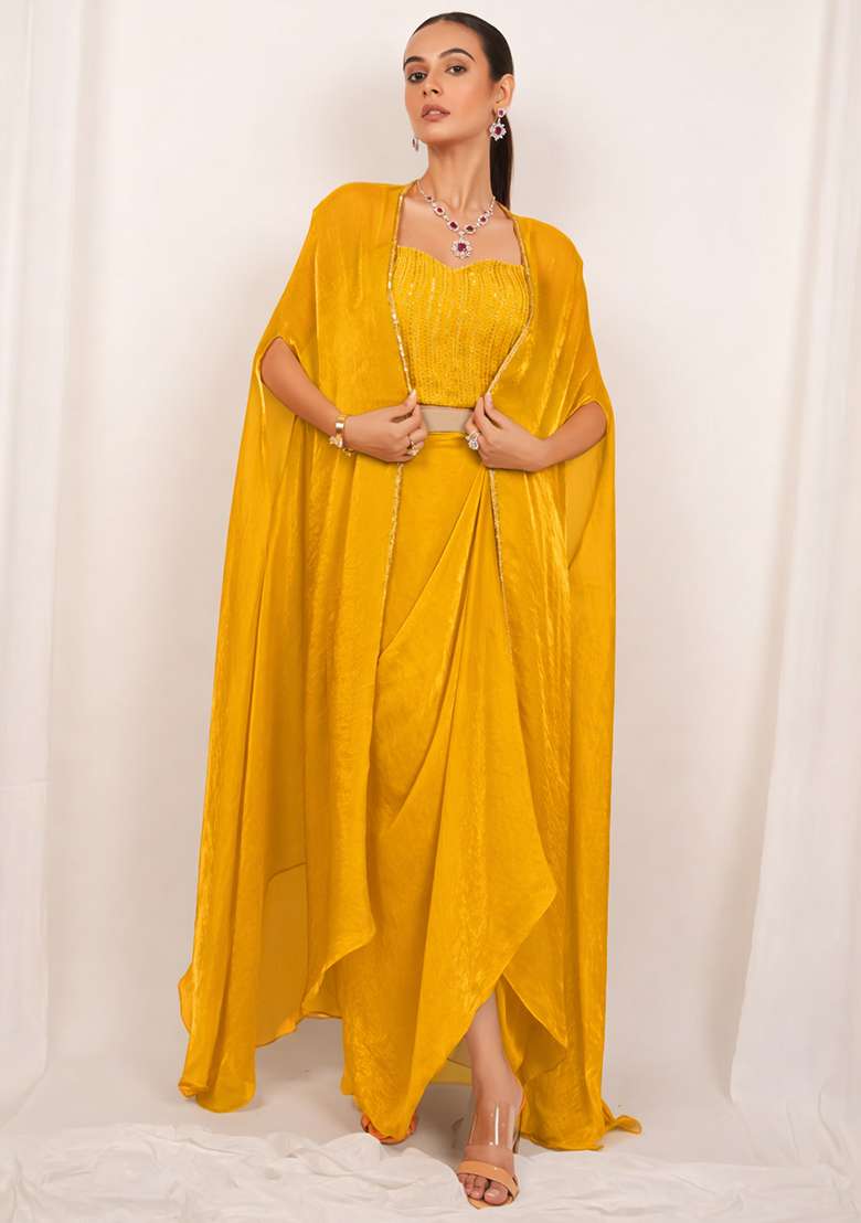 Golden Yellow Silk Embellished Handwork Fusion Set - Indya