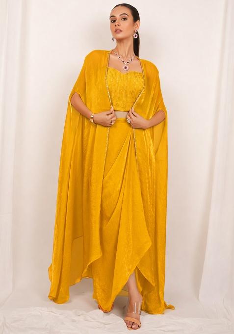 Golden Yellow Silk Embellished Handwork Fusion Set