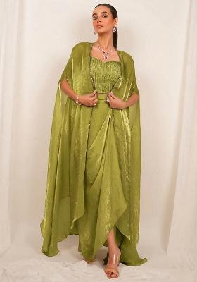 Olive Green Silk Embellished Handwork Fusion Set