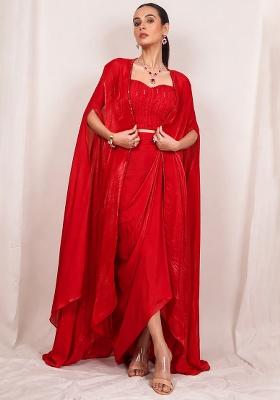 True Red Silk Embellished Handwork Fusion Set