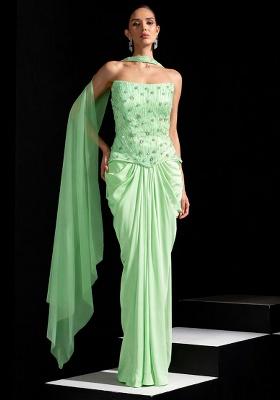 Green Satin Embellished Handwork Fusion Set