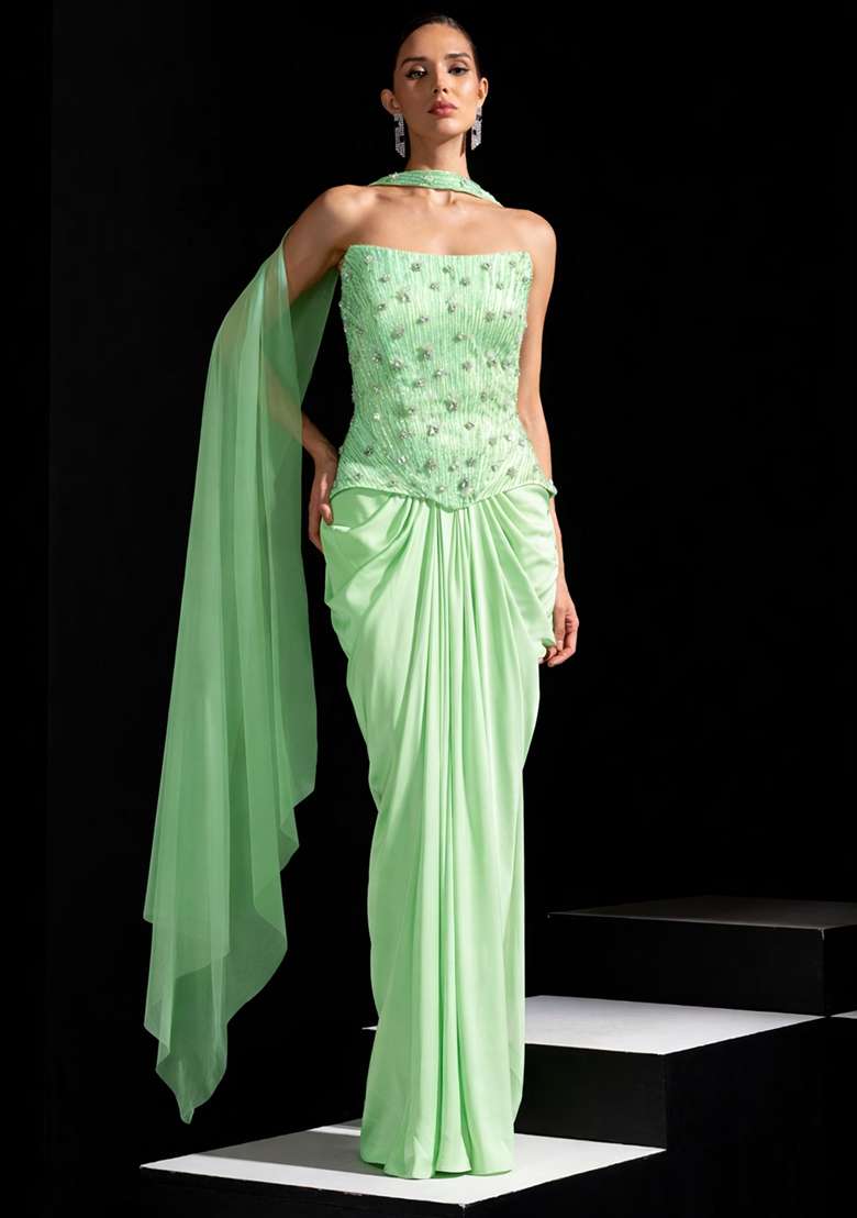 Green Satin Embellished Handwork Fusion Set - Indya