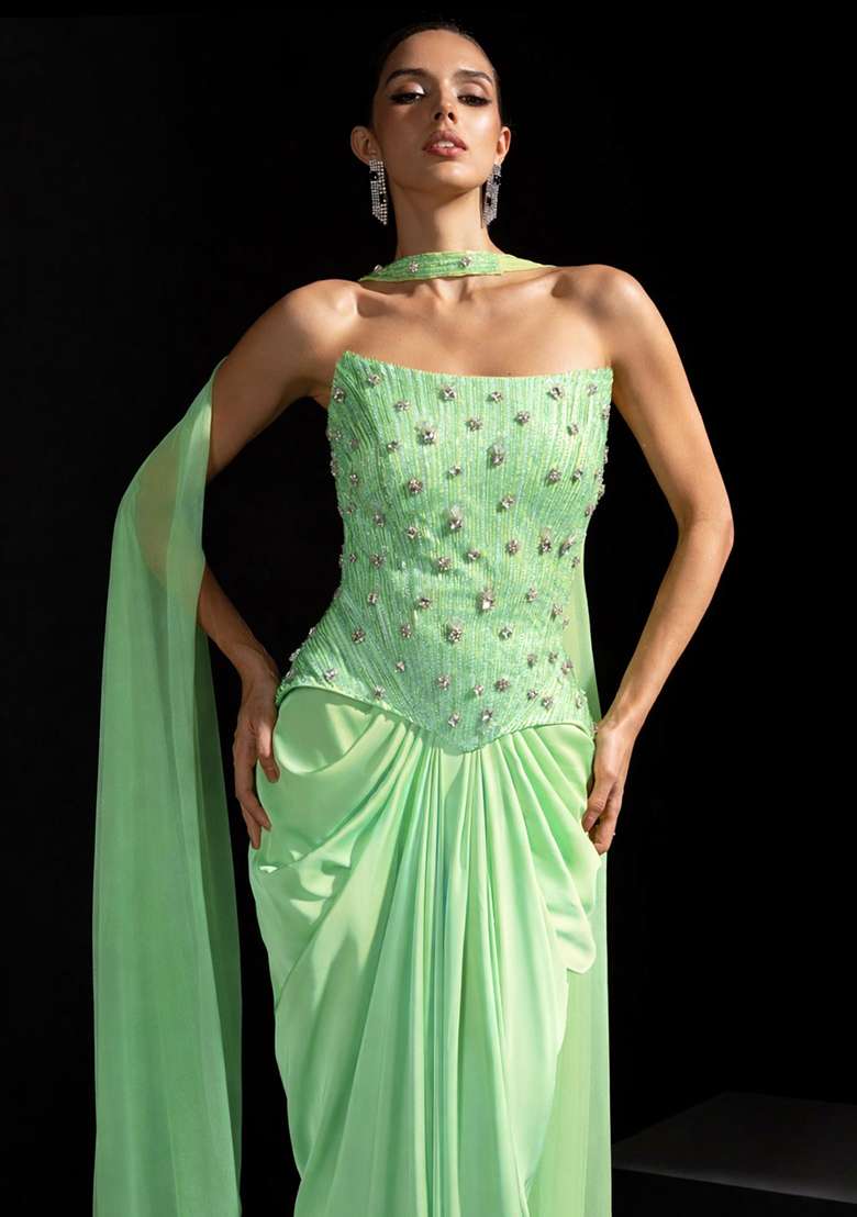 Green Satin Embellished Handwork Fusion Set - Indya