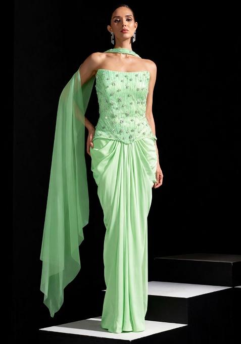 Green Satin Embellished Handwork Fusion Set