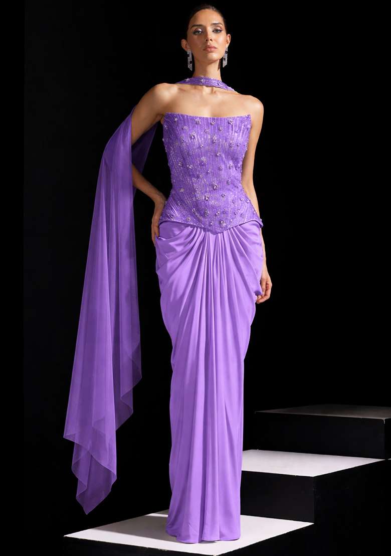 Purple Satin Embellished Handwork Fusion Set - Indya