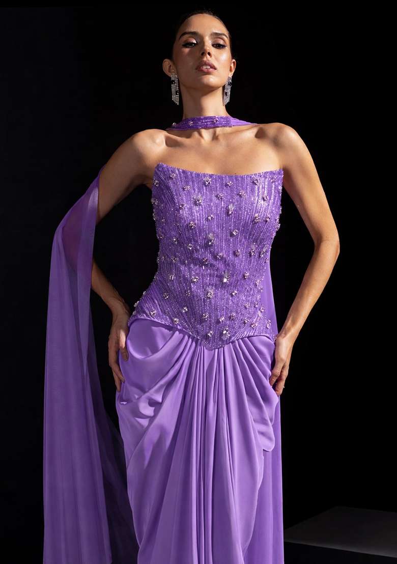 Purple Satin Embellished Handwork Fusion Set - Indya