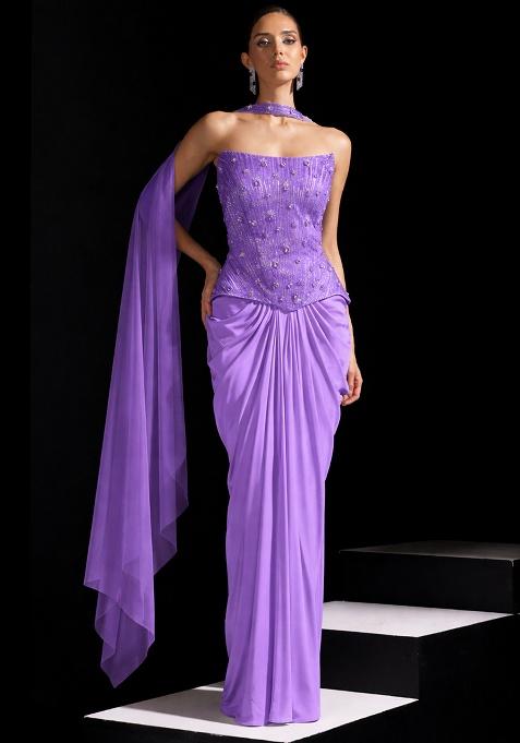 Purple Satin Embellished Handwork Fusion Set