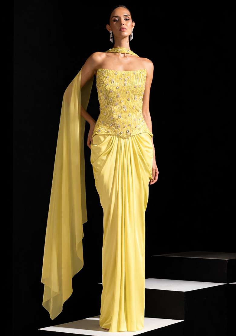 Pale Yellow Satin Embellished Handwork Fusion Set - Indya