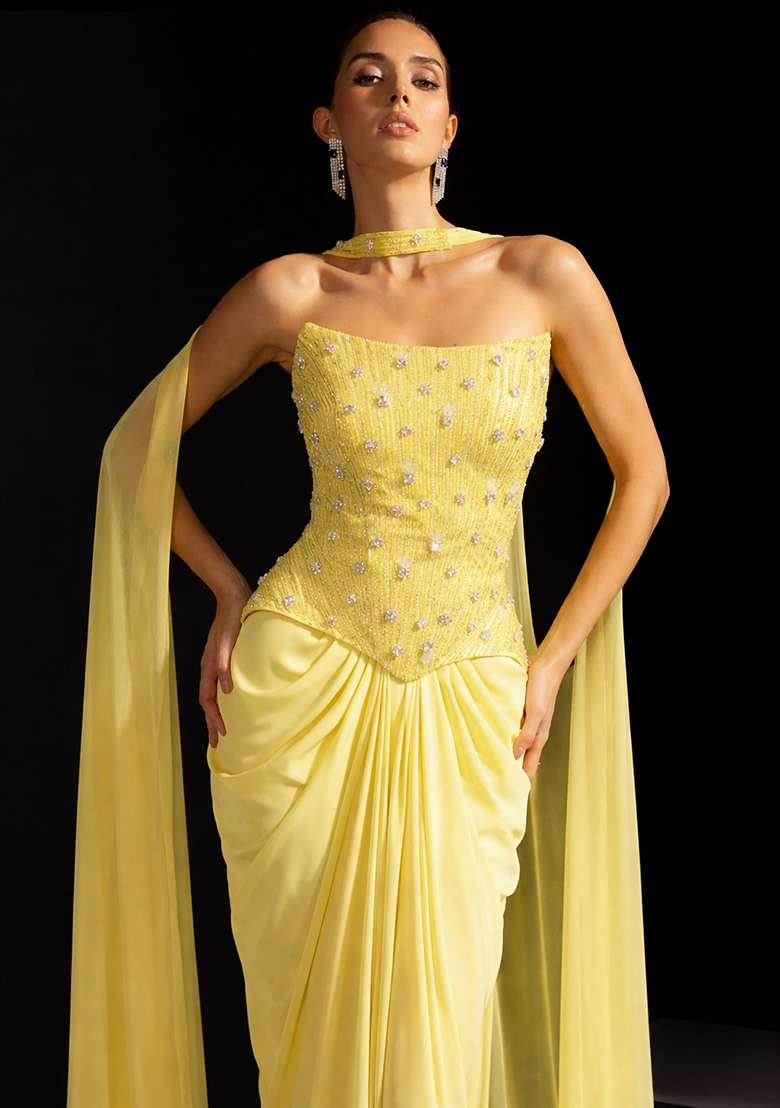Pale Yellow Satin Embellished Handwork Fusion Set - Indya