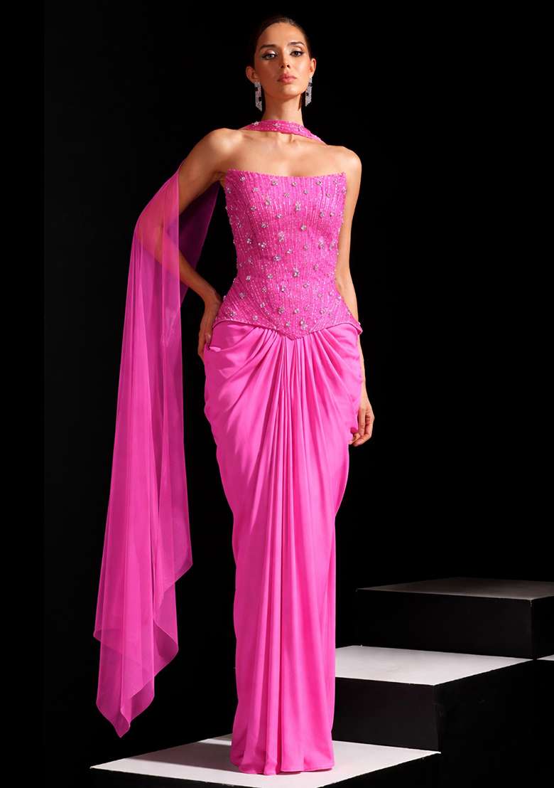 Sugar Plum Satin Embellished Handwork Fusion Set - Indya