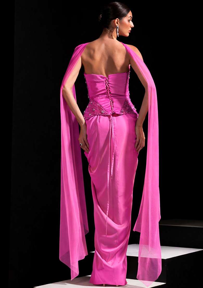 Sugar Plum Satin Embellished Handwork Fusion Set - Indya