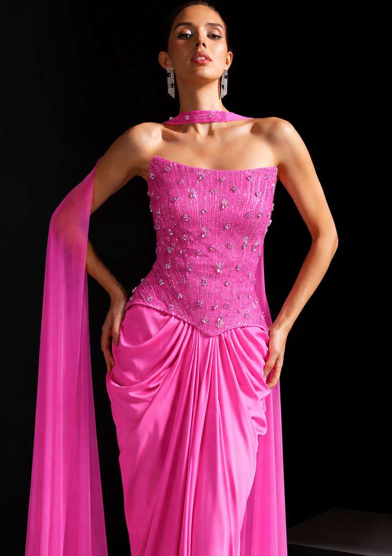 Sugar Plum Satin Embellished Handwork Fusion Set - Indya
