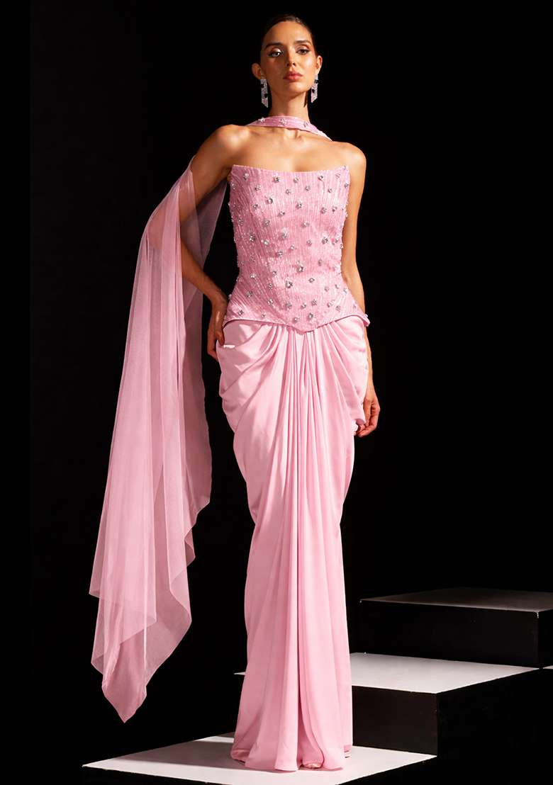 Nude Beige Satin Embellished Handwork Fusion Set - Indya