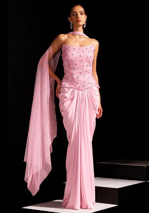 Nude Beige Satin Embellished Handwork Fusion Set