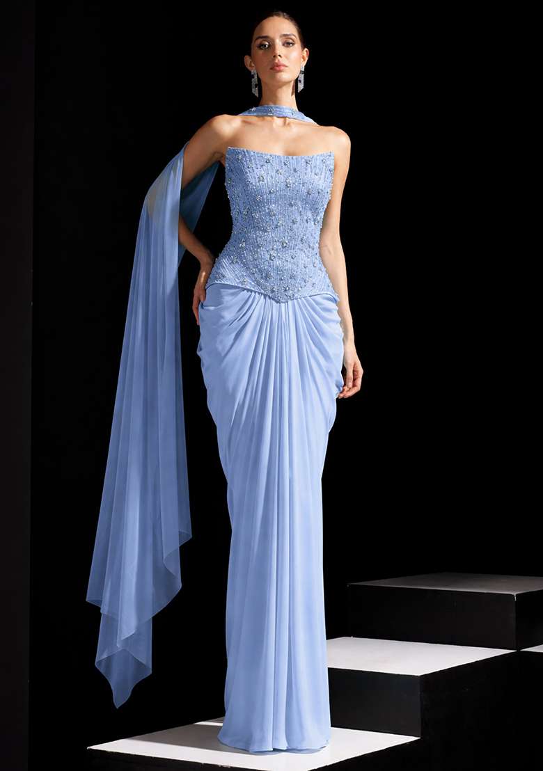 Soft Blue Satin Embellished Handwork Fusion Set - Indya