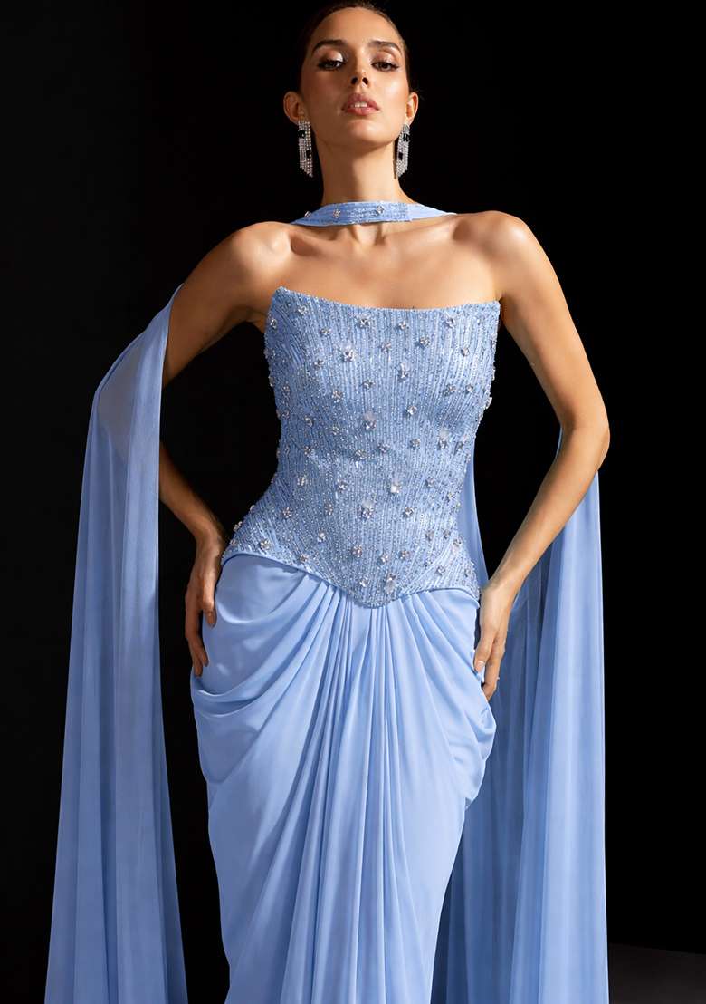 Soft Blue Satin Embellished Handwork Fusion Set - Indya
