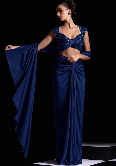 Deep Sea Blue Satin Embellished Handwork Pre Draped Saree Set