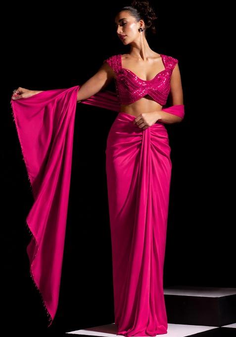 Romantic Red Satin Embellished Handwork Pre Draped Saree Set