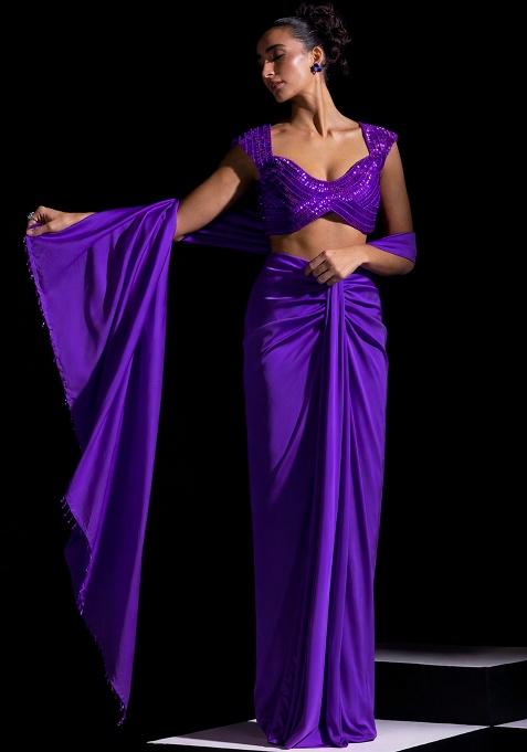 Royal Purple Satin Embellished Handwork Pre Draped Saree Set