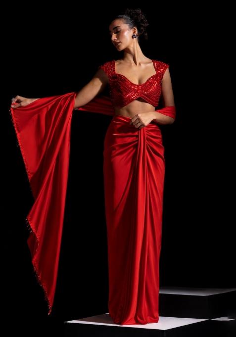 Scarlet Red Satin Embellished Handwork Pre Draped Saree Set