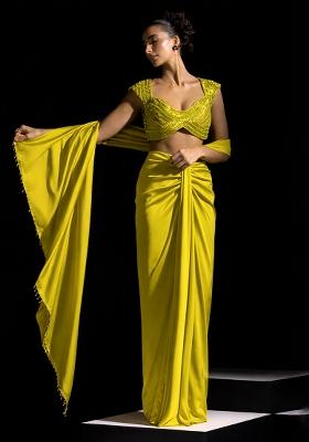 Dark Olive Satin Embellished Handwork Pre Draped Saree Set