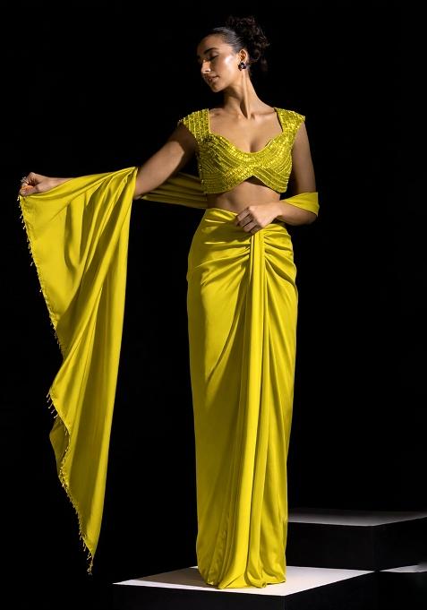 Dark Olive Satin Embellished Handwork Pre Draped Saree Set