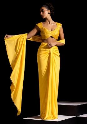 Sunflower Yellow Satin Embellished Handwork Pre Draped Saree Set