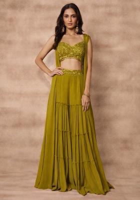 Olive Green Georgette Embellished Handwork Fusion Set