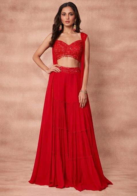 Red Georgette Embellished Handwork Fusion Set