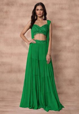 Green Georgette Embellished Handwork Fusion Set