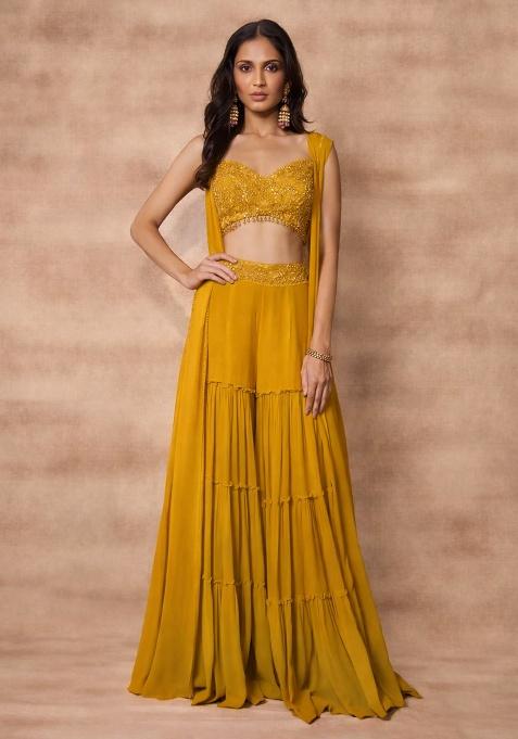 Mustard Georgette Embellished Handwork Fusion Set