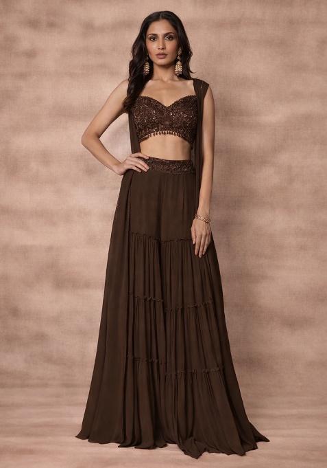 Brown Georgette Embellished Handwork Fusion Set