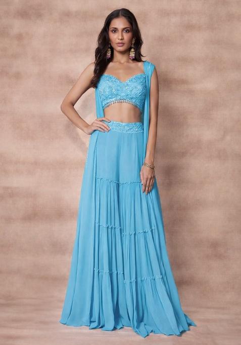 Sky Blue Georgette Embellished Handwork Fusion Set