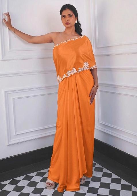 Bright Orange Crepe Embroidered Handwork Fusion Set