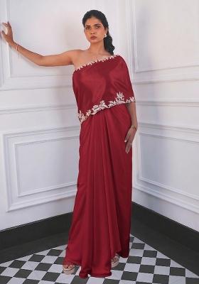 Chili Red Crepe Embroidered Handwork Fusion Set