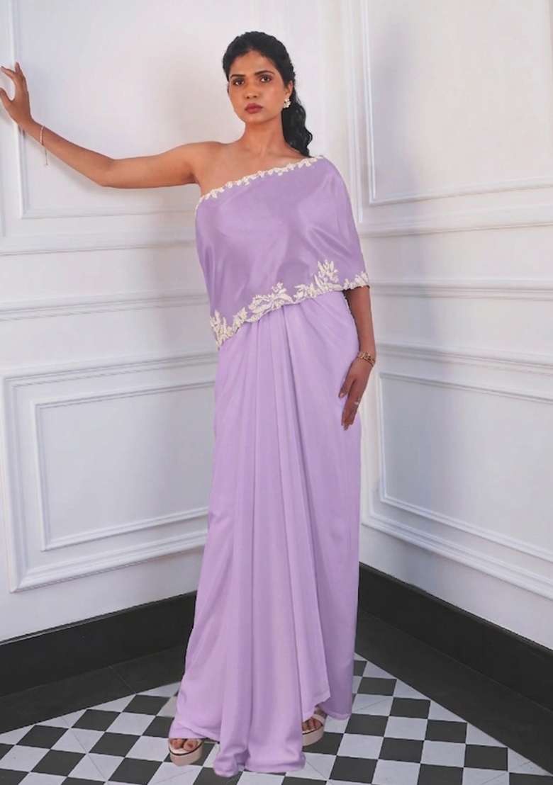 Lilac Crepe Embroidered Handwork Fusion Set - Indya