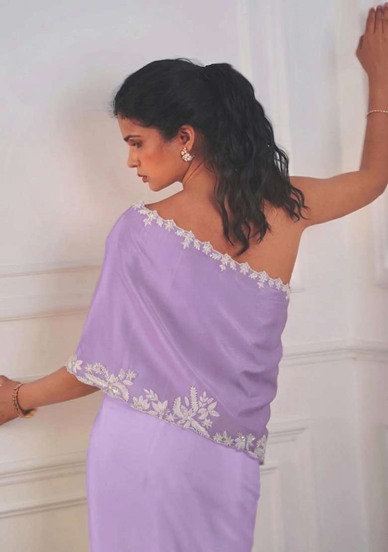 Lilac Crepe Embroidered Handwork Fusion Set - Indya