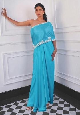 Cyan Blue Crepe Embroidered Handwork Fusion Set