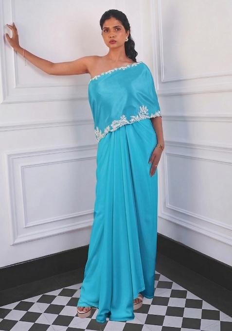 Cyan Blue Crepe Embroidered Handwork Fusion Set