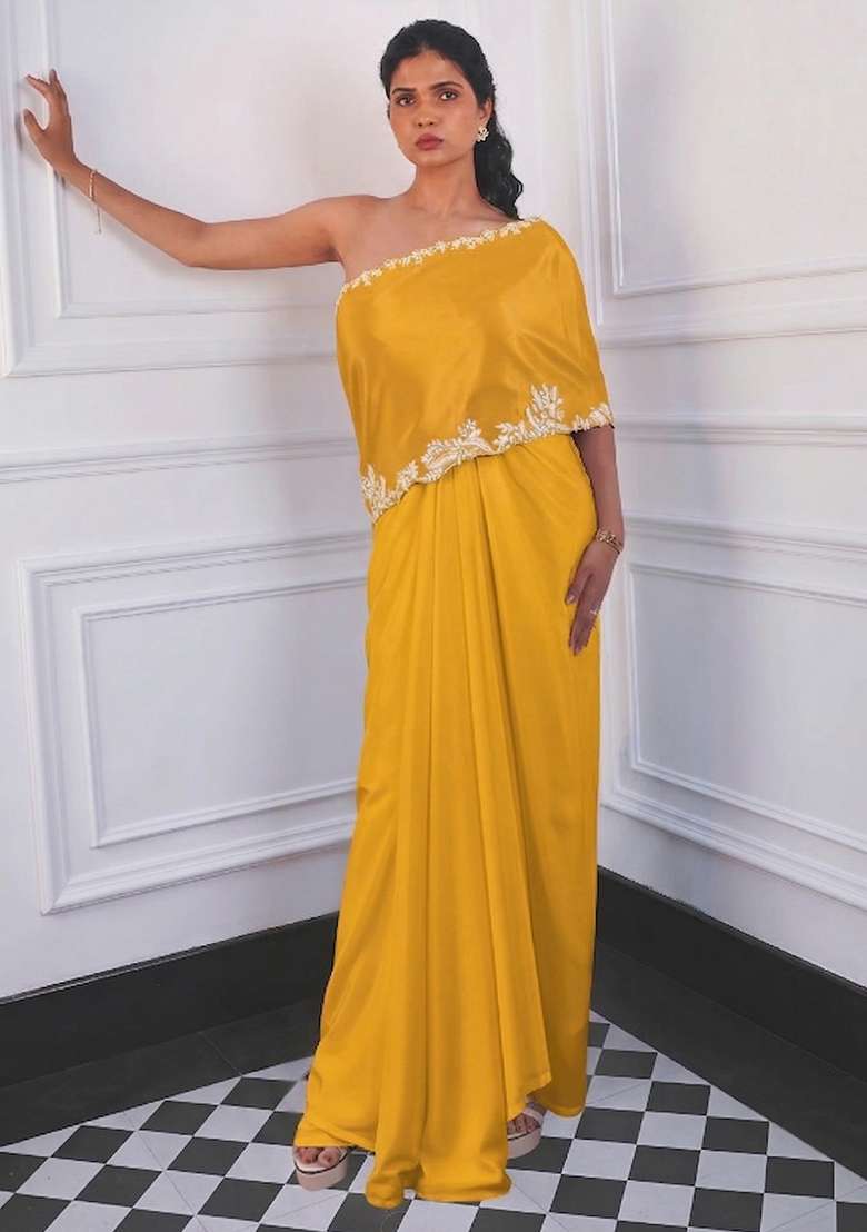 Golden Yellow Crepe Embroidered Handwork Fusion Set - Indya