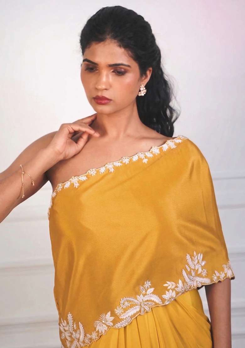 Golden Yellow Crepe Embroidered Handwork Fusion Set - Indya