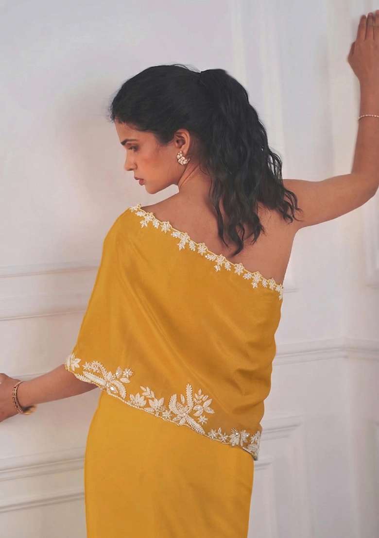 Golden Yellow Crepe Embroidered Handwork Fusion Set - Indya