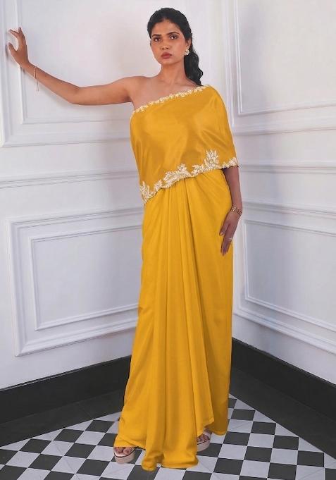 Golden Yellow Crepe Embroidered Handwork Fusion Set