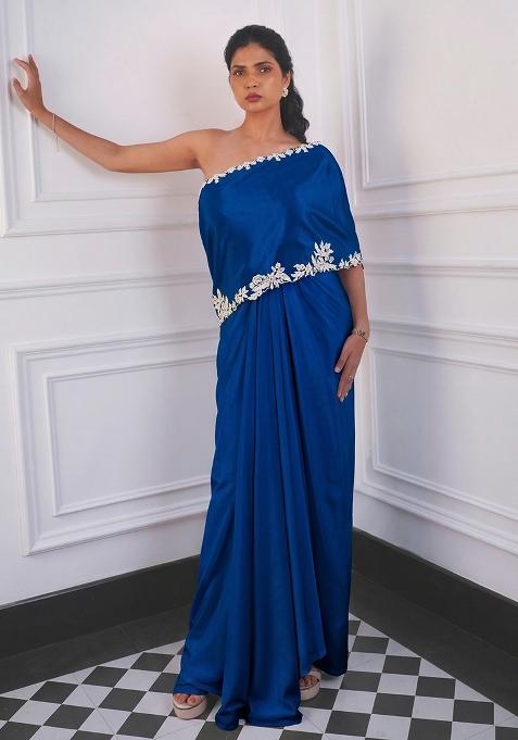 Navy Blue Crepe Embroidered Handwork Fusion Set